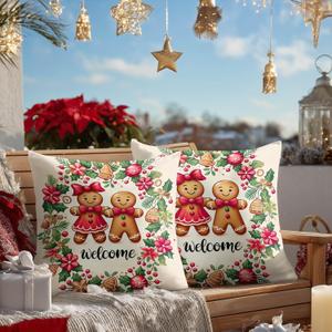 Pillow Covers Set of 2 18x18 Inch Christmas Gingerbread Couple Throw Holiday Welcome Cushion Covers Decorative Christmas Pillow Cases for Sofa Couch Bed Farmhouse Decor