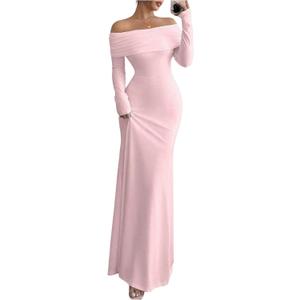 SOLY HUX Women's Long Sleeve Off The Shoulder Bodycon Dress Elegant Maxi Dress Cocktail Prom Dresses (Pure Pink) XXL