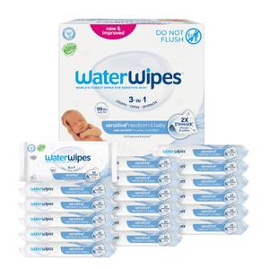 WaterWipes Sensitive+ Newborn & Baby Wipes, 3-In-1 Cleans, Cares, Protects, 99.9% Water, Unscented & Hypoallergenic, 1080 Count (18 Packs)