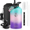 RAYMYLO One Gallon Water Bottle Insulated, Triple Walled Vacuum Stainless Steel (Cold for 48 Hrs), Leak Proof & Non-BPA, Large Water Flask Jug with Paracord Handle & Straw Spout Lids (128 Ounces, Green Pink Purple Gradient)
