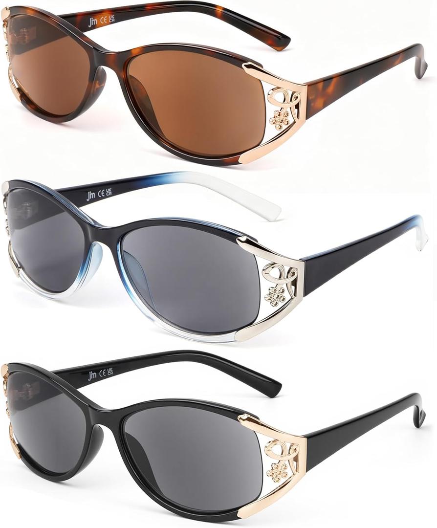 JM Full Lens Reading Sunglasses for Women, Vintage Oval Reader Sunglasses with UV400 Protection 3 Pack