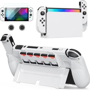 JEMDO Dockable Protective Case for Nintendo Switch OLED 2021 with 5 Game Card Slots,Ergonomic Comfort Grip,Shockproof Dockable Cover Accessories, Tempered Glass, Joy-Con Thumb Grips (White-Set)