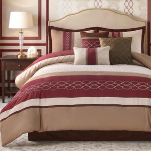 Queen Size Comforter Set, Burgundy Beige Taupe, 7PC Bed in a Bag