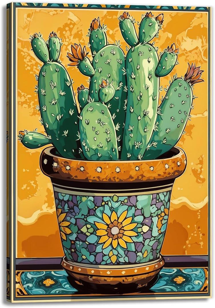 OAAPITI Cactus Canvas Wall Art Bohemian Succulent Painting Print Rustic Plants Pictures Modern Artwork for Living Room Bathroom Home Wall Decor(Artwork-2,16"x20")