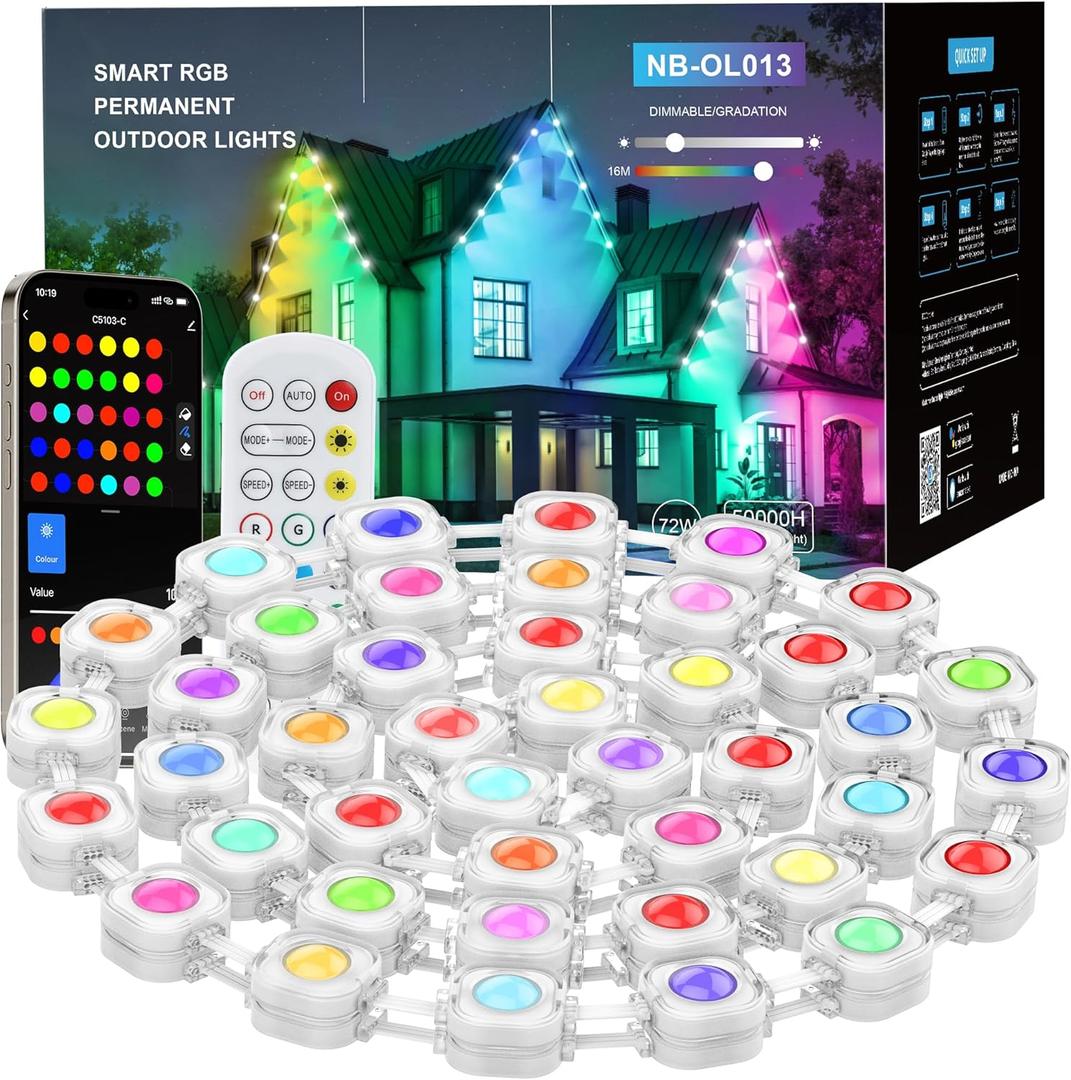 sympa Permanent Outdoor Lights, 100 ft Outdoor String Lights with 72 Scene Modes, IP65 Waterproof Holiday Lights for Outside, APP Control and Remote Control, Work with Alexa Assistant, Music Sync