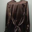 xxxiticat Women's Green Satin Dress Long Lantern Sleeve Mock Neck Puff Shoulder Tie Waist Pleated Cocktail Maxi Slip Dresses (Large, Coffee)