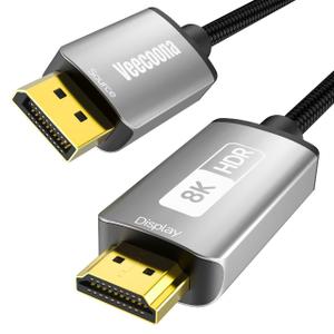 DisplayPort 1.4 to HDMI 2.1 Cable - 6FT, with 8K@60Hz,4K@120Hz,2K@144Hz,Nylon Braided Unidirectional DP (Source) to HDMI (Display) Supports HDCP 2.3 HDR10 Display Port for AMD, NVIDIA, and PC