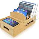 ZOOFOX Bamboo Charging Station for Multiple Devices, Desk Docking Station with Removable Divider Slots and Drawer, Bedside Charging Station Compatible with Smartphone, Tablet, Laptop, Earphone