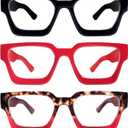 REAVEE 3 Pack Thick Frame Reading Glasses for Women Men, Oversized Fashion Blue Light Blocking Readers Spring Hinge (Black/Red/Red Leopard, +1.75)