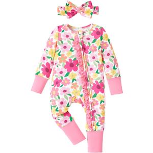 PATPAT Baby Girl Boy Footie Clothes, Bamboo Viscose, 2-Way Zipper, Fold-Over Mittens & Cuffs with Hat/Headband (XS)
