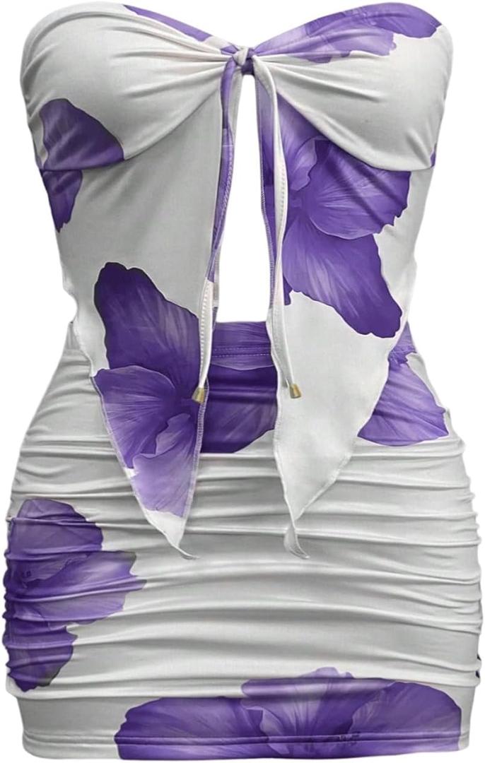 SOLY HUX Women's Summer 2 Piece Mini Skirt Sets Floral Strapless Tube Tops and Bodycon Skirt Vacation Outfits (Large)