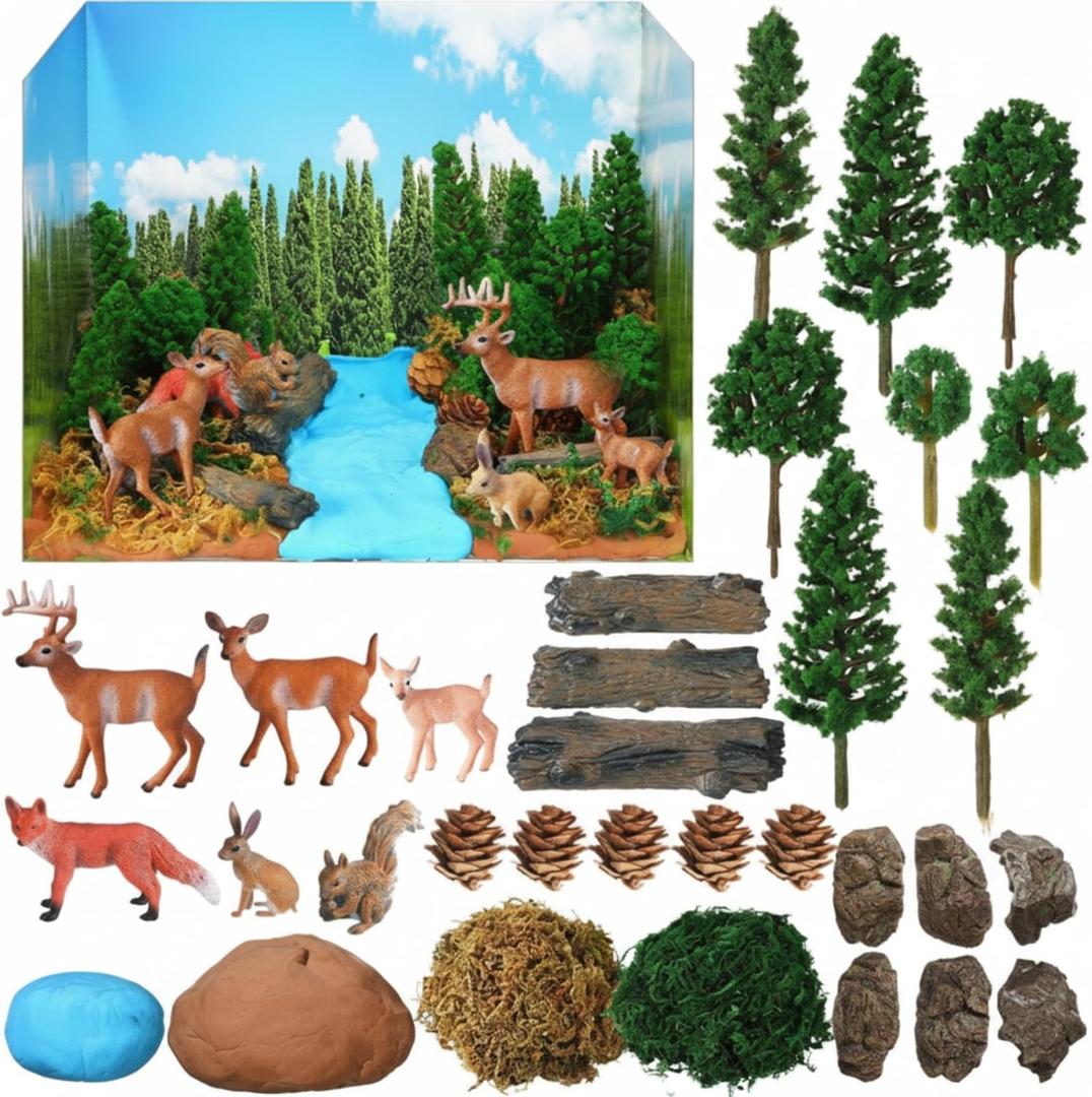 Simgoing Forest Diorama Kit Project Supplies Include Woodland Animals Figures Deer Figures Artificial Model Tree Fake Rocks Moss with Gift Box for Gifts Birthday Christmas Party Favors