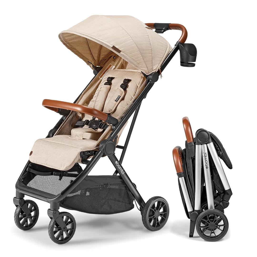 Bombi Bbee V2 Lightweight Baby Stroller - Premium Vegan Leather, One-Hand Fold, Infinite Recline, Aircraft-Grade Aluminum Frame, XXL Canopy, and Ample Storage Umbrella Stroller - Sand