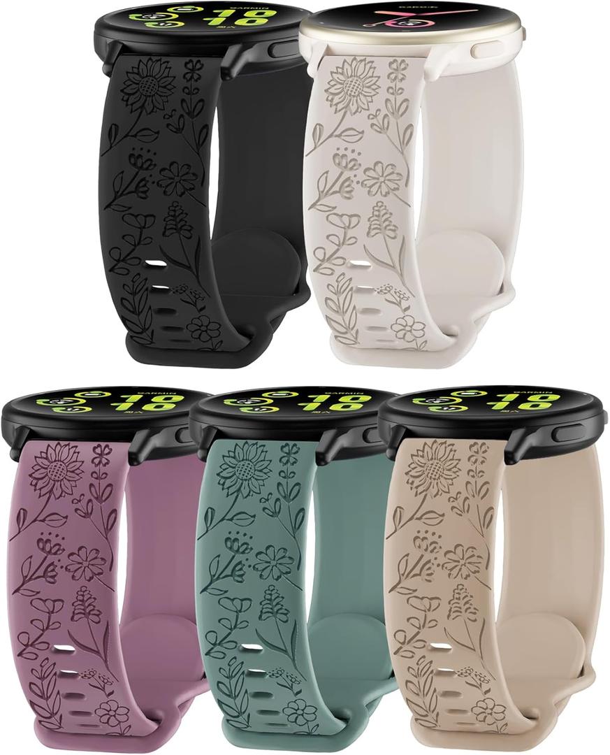 5 Pack 20mm Floral Engraved Watch Bands Compatible with Garmin Vivoactive 5 Watch Band/Vivoactive 6/3/3 Music Soft Silicone Sport Straps for Forerunner 55/165/245/645 Women Men