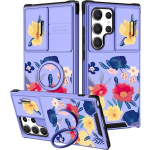 Goocrux (2in1 for Samsung Galaxy S23 Ultra Case Floral for Women Girls Flowers Girly Phone Cover Cute Purple Flower Design with Slide Camera Cover+Ring Holder Unique Cases for S23 Ultra 5G 2023 6.8'' (Red Yellow Flower)