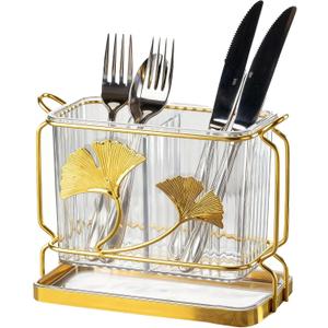 2-Compartment Transparent Silverware Organizer, Drip Tray, Suspended Utensil Caddy for Forks, Spoons, Knives, Elegant Cutlery Holder for Kitchen Countertop, Party Use