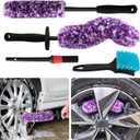 4 Pack Wheel Tire Cleaning Brush Kit Cars Motorcycles RVs Trucks Rim Hub Ultra Soft Microfiber No Spatter 360 Bendable Synthetic Woolies Wash Vehicles Bristle Set (Purple & White)