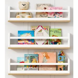 Harwaya Floating Nursery Book Shelves for Wall, 24 Inch Long Wall Bookshelf for Kids Room, White and Natural Wood Hanging Bookshelves for Baby Toddler Childrens Kids Bedroom Bathroom (Set of 3)