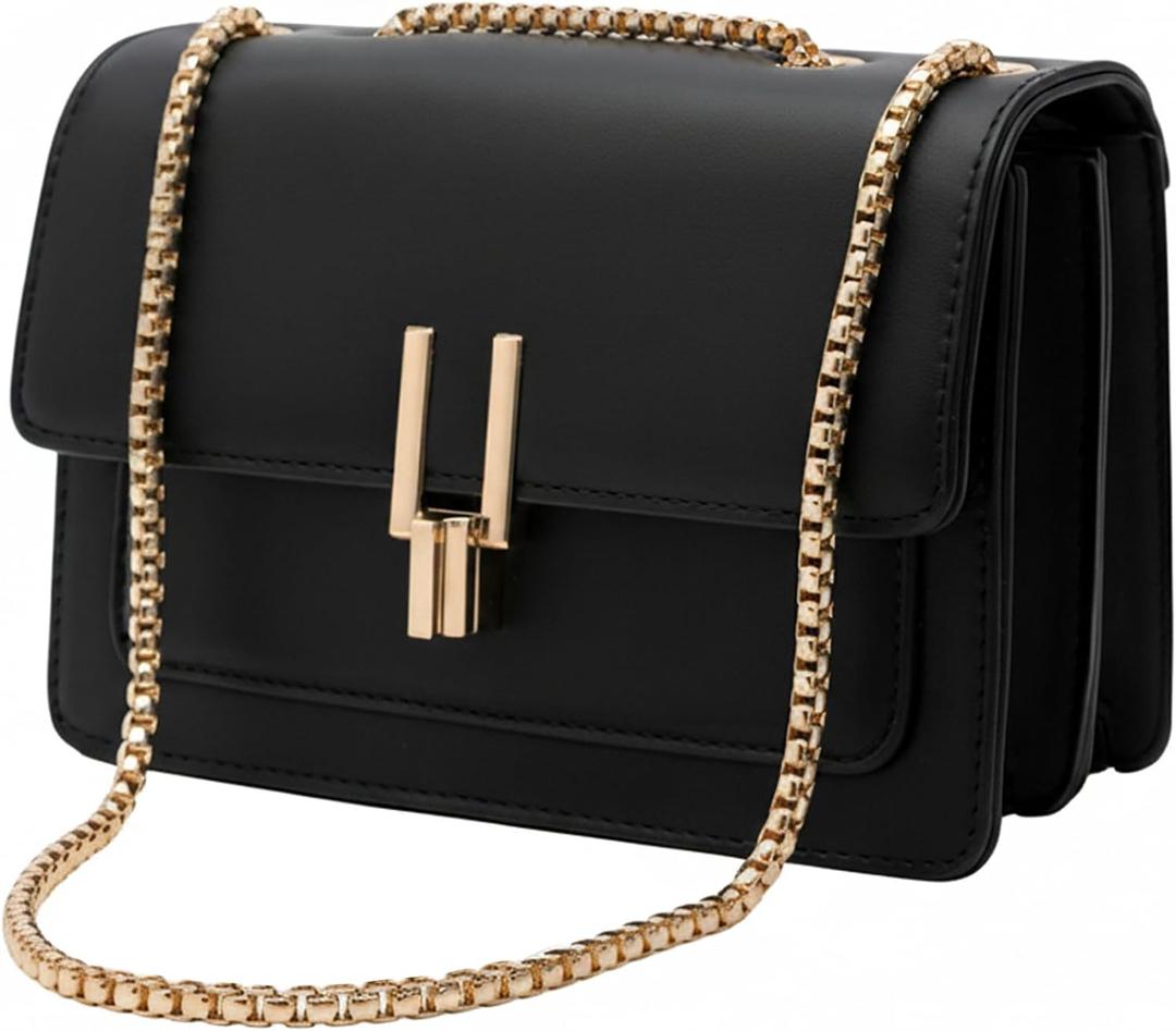 VONCOSS Women's Small Crossbody Bag Quilted Shoulder Purse for Travel Work Wedding, Vegan Leather Handbag Gold Chain Strap | Wedding Guest, Date Night, Travel Essentials, Office Professional, Cocktail Party (Black)