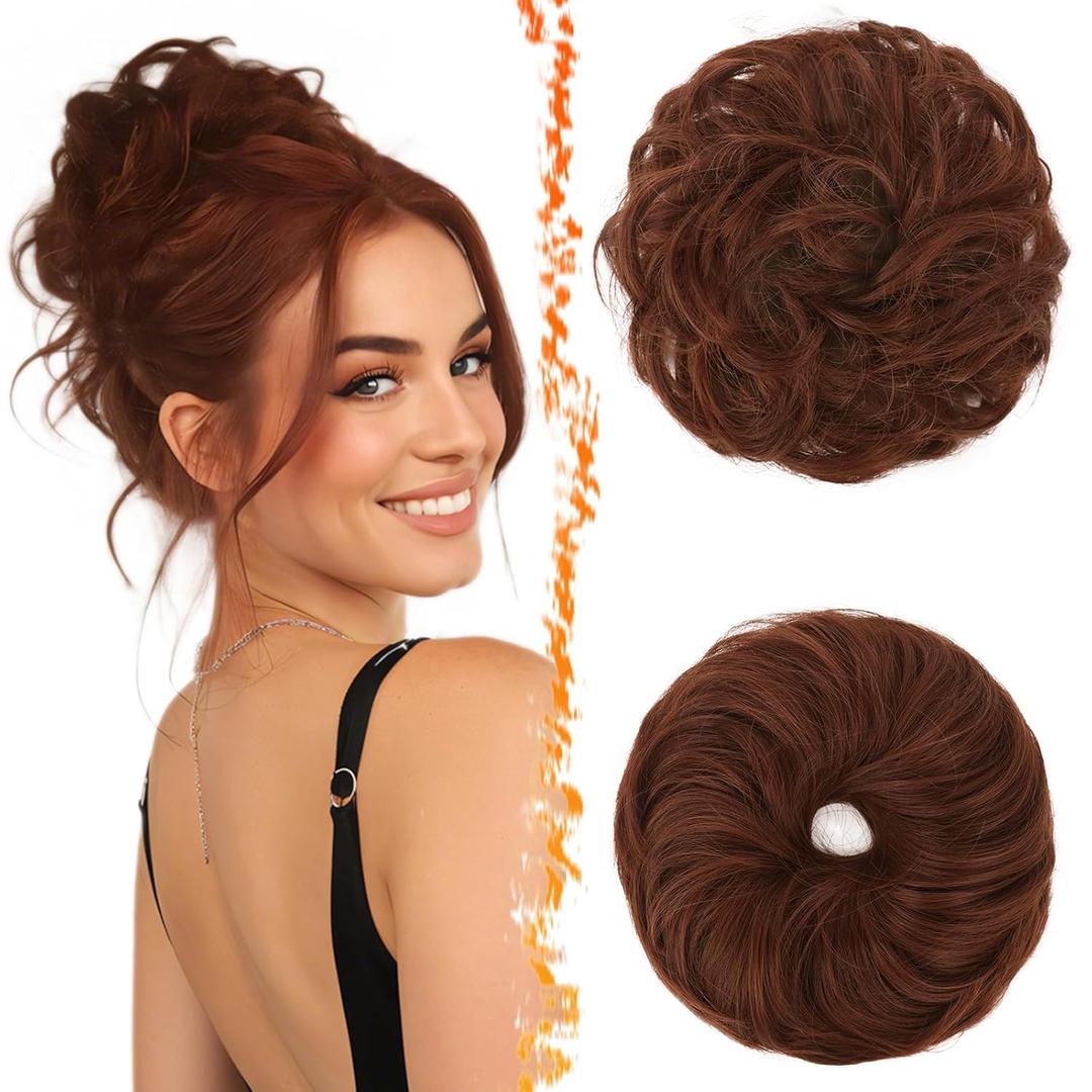 BARSDAR 2 PCS Auburn Messy Bun Hair Piece - Elastic Copper Messy Hair Bun Scrunchie for Women - Natural Looking Thick Soft Synthetic Large Fluffy Updo Hairpieces Chignon Scrunchie Extensions Daily
