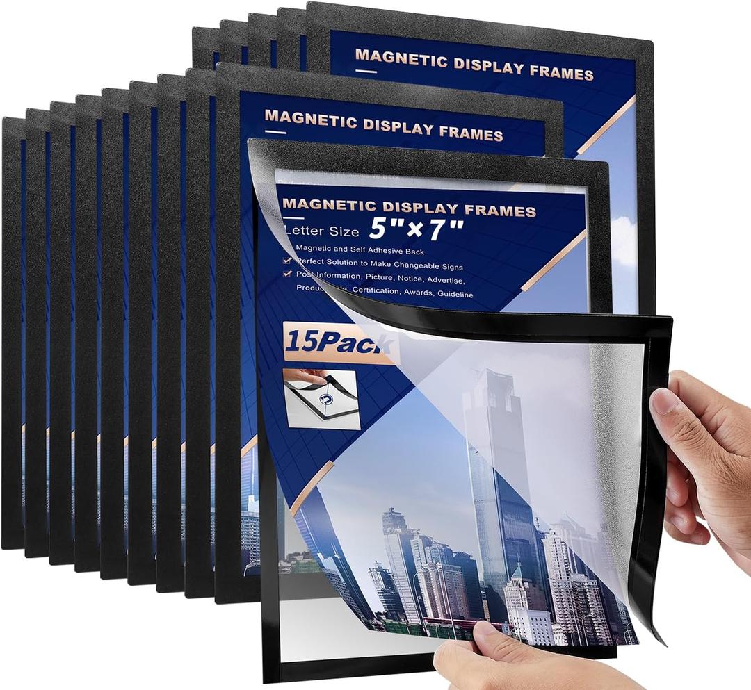 15 Pcs Magnetic Signs Holder, for 5" x 7" Letter, Sturdy PVC Magnetic Document Holder, Magnetic Picture Poster Frame, Can Self-Adhesive Wall/Door/Window or Magnetic for Refrigerator (black)