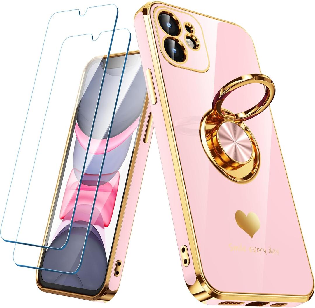 Compatible for iPhone 11 Case with 2 Pack Screen Protector, 360 Rotatable Ring Holder [Luxury Hearts Pattern] Plating Gold Edge Slim Soft Phone Cover Case for iPhone 11 - Girl Pink