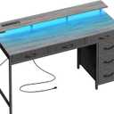 Huuger Gaming Desk with 6 Drawers, Computer Desk with LED Lights Power Outlets and Type-C, 47 Inch Office Desk with Storage, Monitor Stand, Writing Desk Work Desk for Home Office, Bedroom, Study, Grey
