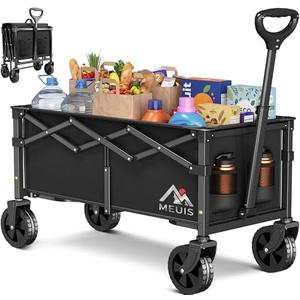 MEUIS Collapsible Wagon Cart with Wheels - 300LBS Heavy Duty Folding Wagon for Groceries Shopping Outdoor Apartment Portable Foldable Utility Grocery Trolley, Black, XL