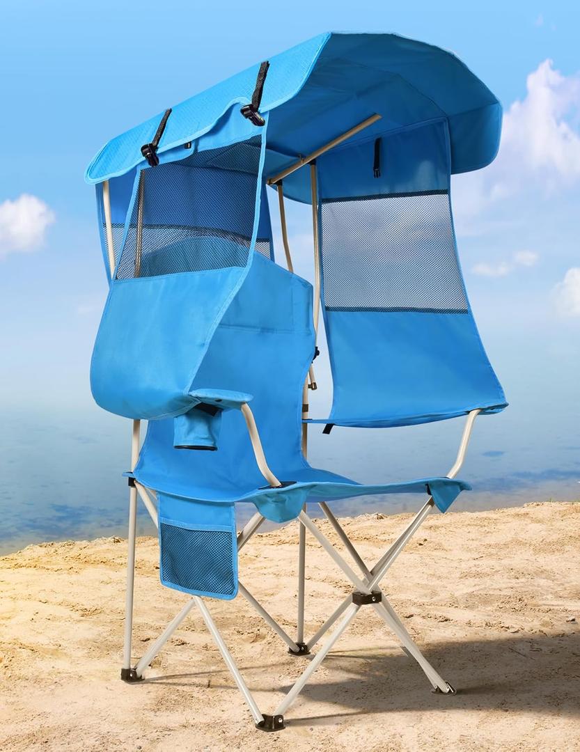 Beach Chair with Canopy Shade, Folding Camping Chair with Canopy with Cup Holder, Side Pocket for Camp, Beach, Tailgates, Fishing - Support 330 LBS (Sky Blue)