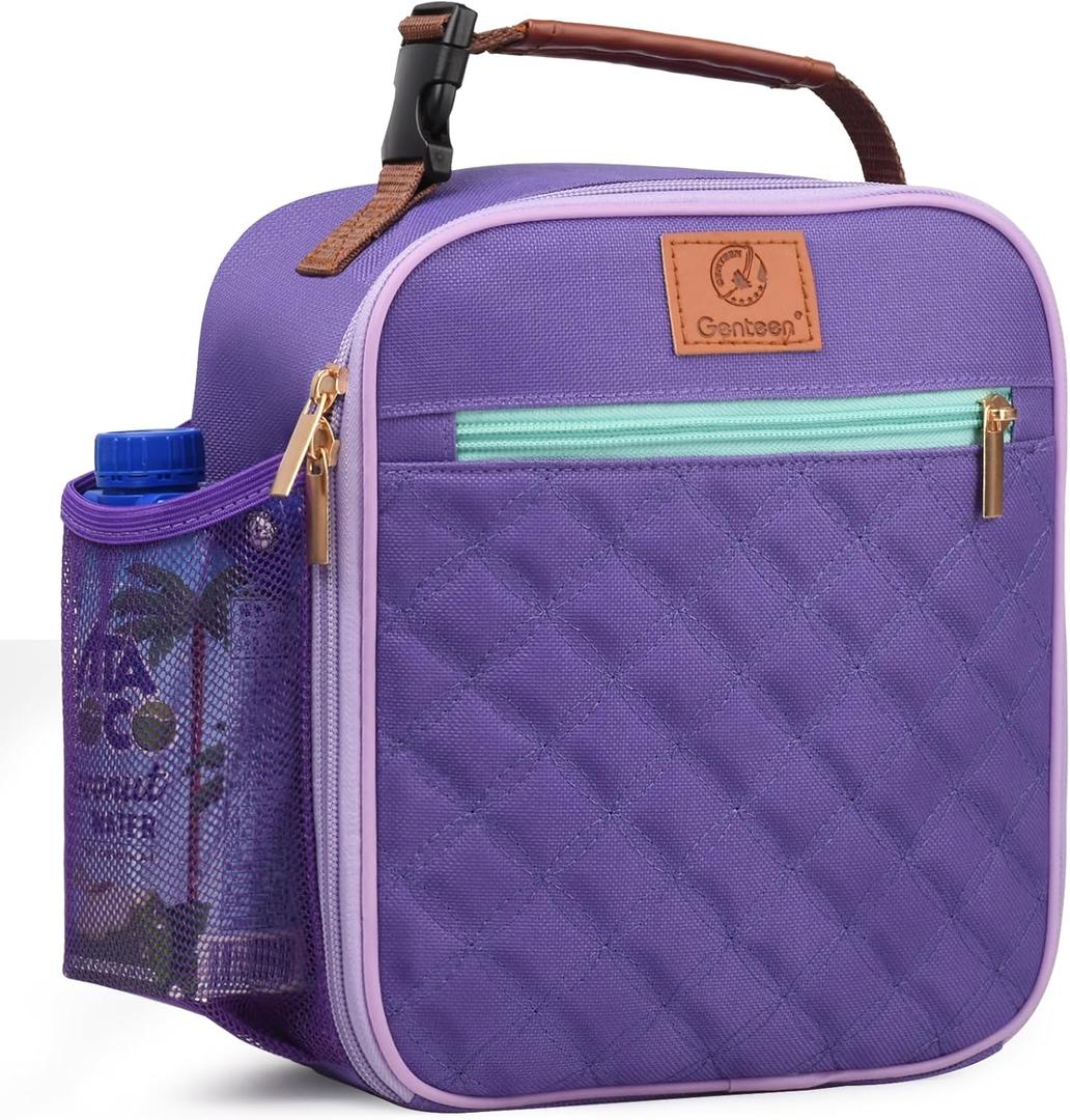 Genteen Kids Lunch Box, Lunch bag for Girls Teen,Insulated Soft Mini Cooler with Bottle Holder, Lightweight Reusable East-Clean LunchBox Back to School, Purple