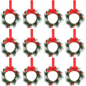 Crowye 12 Pcs Small Mini Christmas Cabinets Wreaths for Kitchen with Ribbon 10'' Hanging Artificial Green Leaves Decor Berry for Window Front Door Kitchen Wall Decor (Red)