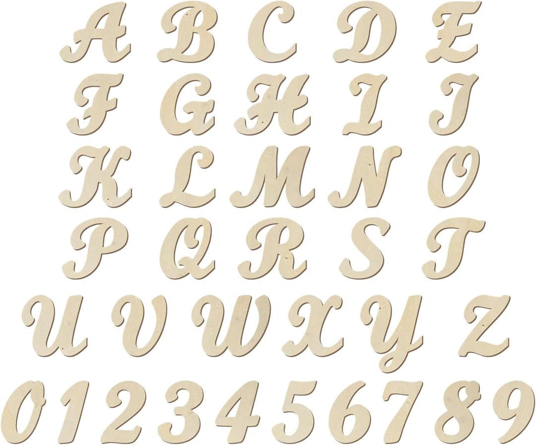 4 Inch 138 Pieces Wooden Letters and Numbers,Unfinished Wood Alphabets Cursive Fonrt for DIY Crafts