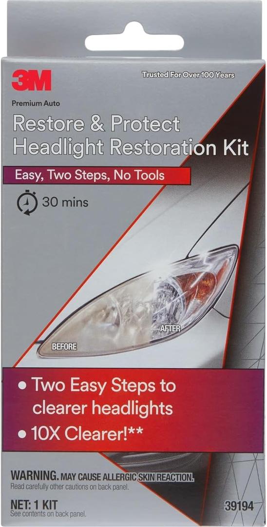 2 x 3M Auto Restore and Protect Headlight Restoration Kit, Use On Plastic Lenses, Headlights, Taillight, Fog Lights and More, Includes Sanding Discs, Headlight Clear Coat Wipes, Foam Pad and Glove (39194)