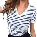 WDIRARA Women's Color Block Striped T Shirt Short Sleeve V Neck Slim Summer Tee Top Small