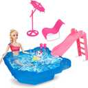 BETTINA Pool Playset - Glam Pool with Slide, Doll Pool Accessories Includes Beach Chair, Beach Umbrella, Dog, Swimming Pool Set for 12 Inch Dolls, Bath Toys for Dolls