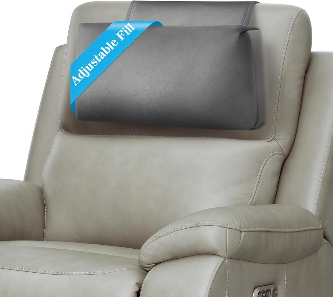 Recliner Headrest Pillow, Adjustable Neck & Head Support Pillow, Soft Velvet Non-Slip Headrest for Recliner, Couch, Chair, Sofa (Gray)
