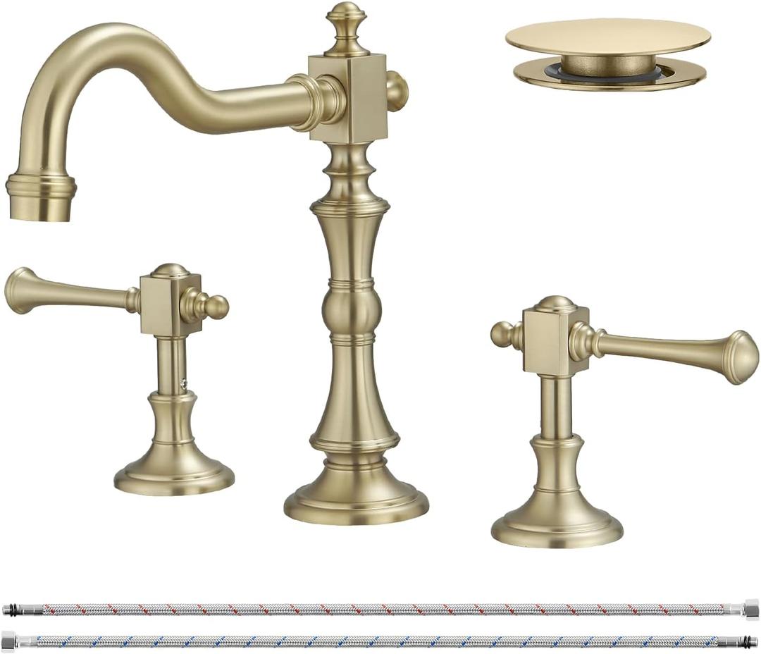 BWE 8 Inch Vintage Brass Bathroom Faucet for Sink 3 Hole Brushed Gold Bathroom Sink Faucet with Pop-up Drain and Supply Lines 2 Handle Widespread Bathroom Faucet Solid Brass