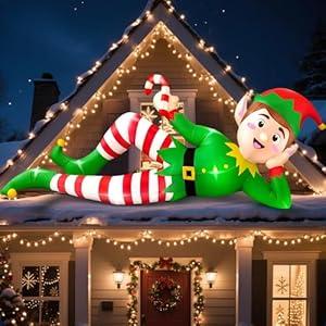 CORALMEE 8FT Christmas Inflatable Outdoor Decoration, Lying Elf Christmas Blow up Yard Decorations with Built-in LED Lights, Giant Buddy The Elf Inflatable for Lawn Garden Roof Xmas Roof Decor