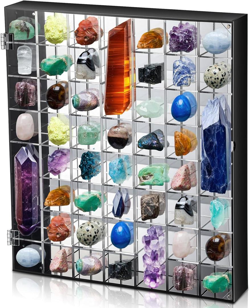 Rock Display Case Adjustable Acrylic Display Case with Mirrored Crystal Organizer for Collectible, Mineral Crystal, Stones, Wall Mountable, Magnetic Door (Clear, 56 Grids)