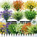 TURNMEON 20 Bundles Artificial Flowers for Outdoors, Summer Spring Grass Camellia Fake Flowers Fern Plants Eucalyptus UV Resistant No Fade Greenery for Garden Porch Indoor Cemetery Decor(Mix 6 Styles)