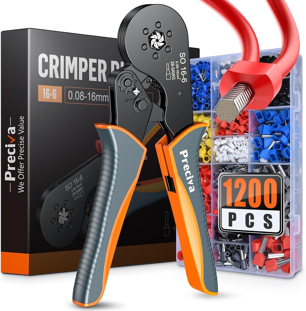 Ferrule Crimping Tool Kit, Preciva Upgrade Double & Single Ferrules Connectors, Hexagonal Ratchet Jaw Wire Crimping Pliers AWG 28-5 with 1200PCS Terminal Connector Sleeves