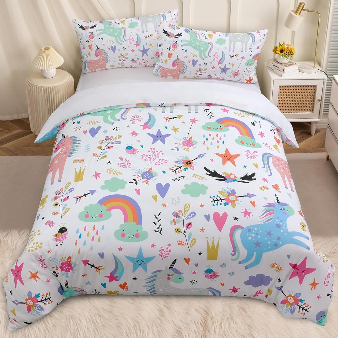 BEDMUST Kids Duvet Cover Set Full Size - 3 Pieces Super Soft & Cute Unicorn Bedding Sets for Girls Boys Teen, Cartoon Rainbow Flowers Clouds Stars Birds Print Comforter Cover for Kid Bedroom Set