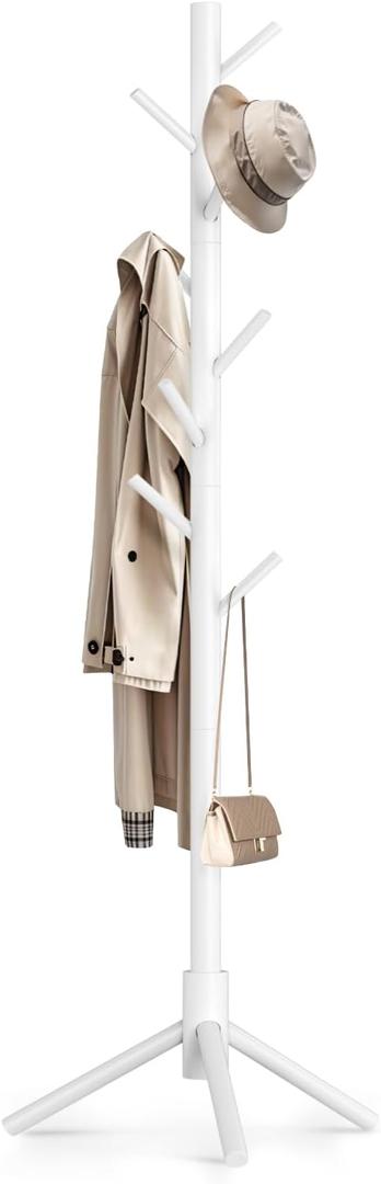 Wooden Coat Rack Freestanding with 8 Hooks,Easy Assembly New Zealand Pine Tree Coat Racks, 3 Adjustable Sizes for Clothes, Hats, Bags, for Entryway, Hallway, Bedroom, Office (White, 1 PC)
