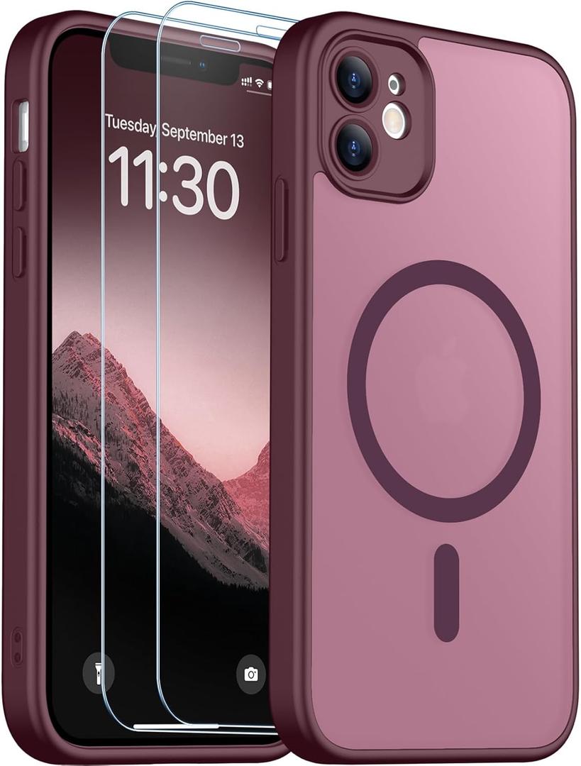 SPIDERCASE Designed for iPhone 11 Phone Case, Magnetic Translucent with 2PCS Tempered Glass Screen Protector Anti-Fingerprint Phone Case for iPhone 11 6.1'', Wine Red