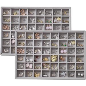 Large Velvet Jewelry Tray 2 Pack Stackable Jewelry Display Drawer Inserts Trays Organizer for Earring Bracelet Necklace Ring (Gray, 48 Grids)