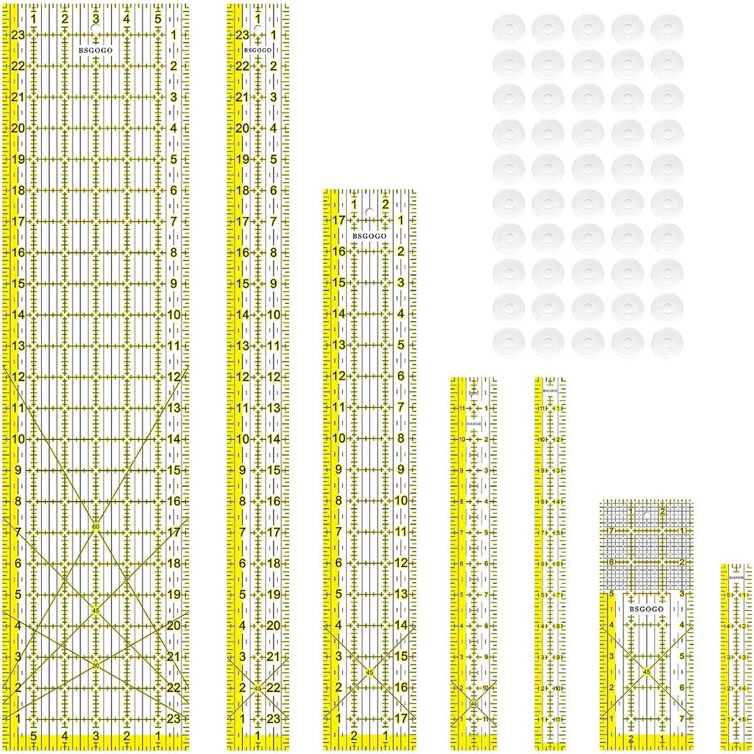 Acrylic Ruler 7 Piece Set, Non Slip Rings 50 Pieces, Quilting Rulers, Size (6"x24"), (2"x24"), (3"x18"), (3"x8"), (1.5"x12"), (1"x12"), (1"x6") (Yellow-7 Piece Set)
