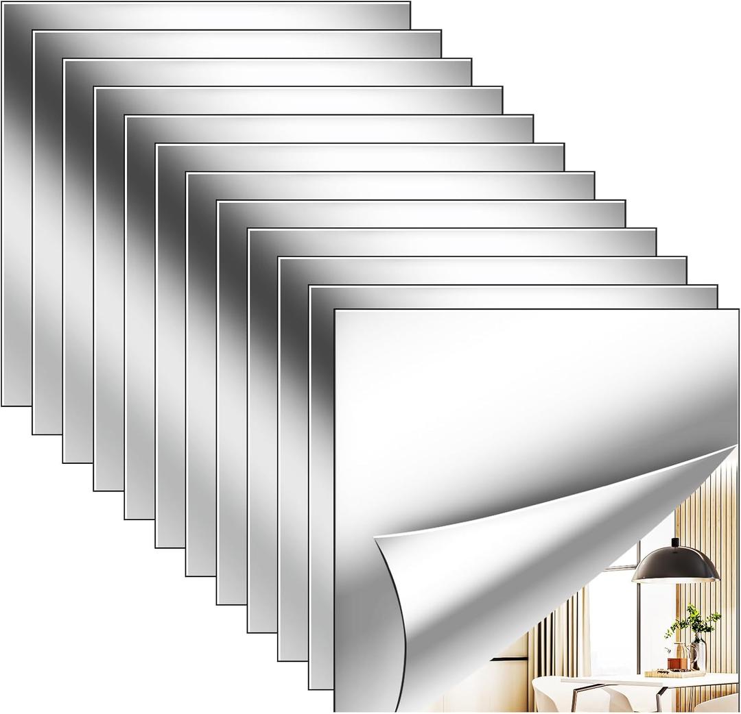 12 Pack Flexible Mirror Sheets 12x12 Inch Self Adhesive Non-Glass Mirror Tiles, Cuttable Shatterproof Acrylic Stickers, Safe Reflective Film for DIY Home Wall Decor Kitchen Bedroom