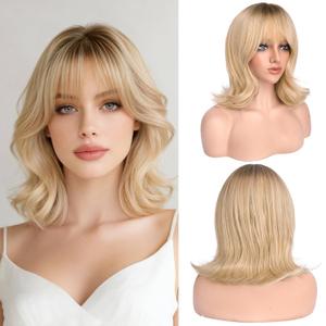 Haloo Blonde Short Bob Wigs with Bangs Shoulder Length Wavy Layered Flipped Ends Natural Looking Medium Synthetic Hair Wig for Women Daily Party, 14 Inch Ombre Blonde