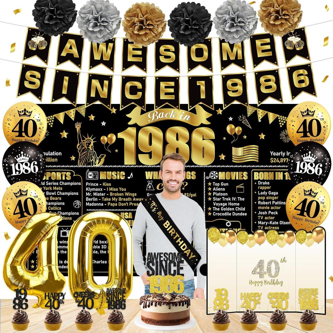 40th Birthday Decorations for Men Women, Black Gold Awesome Since 1986 Banner Backdrop Happy 40th Birthday Signature Guest Book 40 Balloon Cheers to 40 Years Old Sash Cake Topper Party Supplies