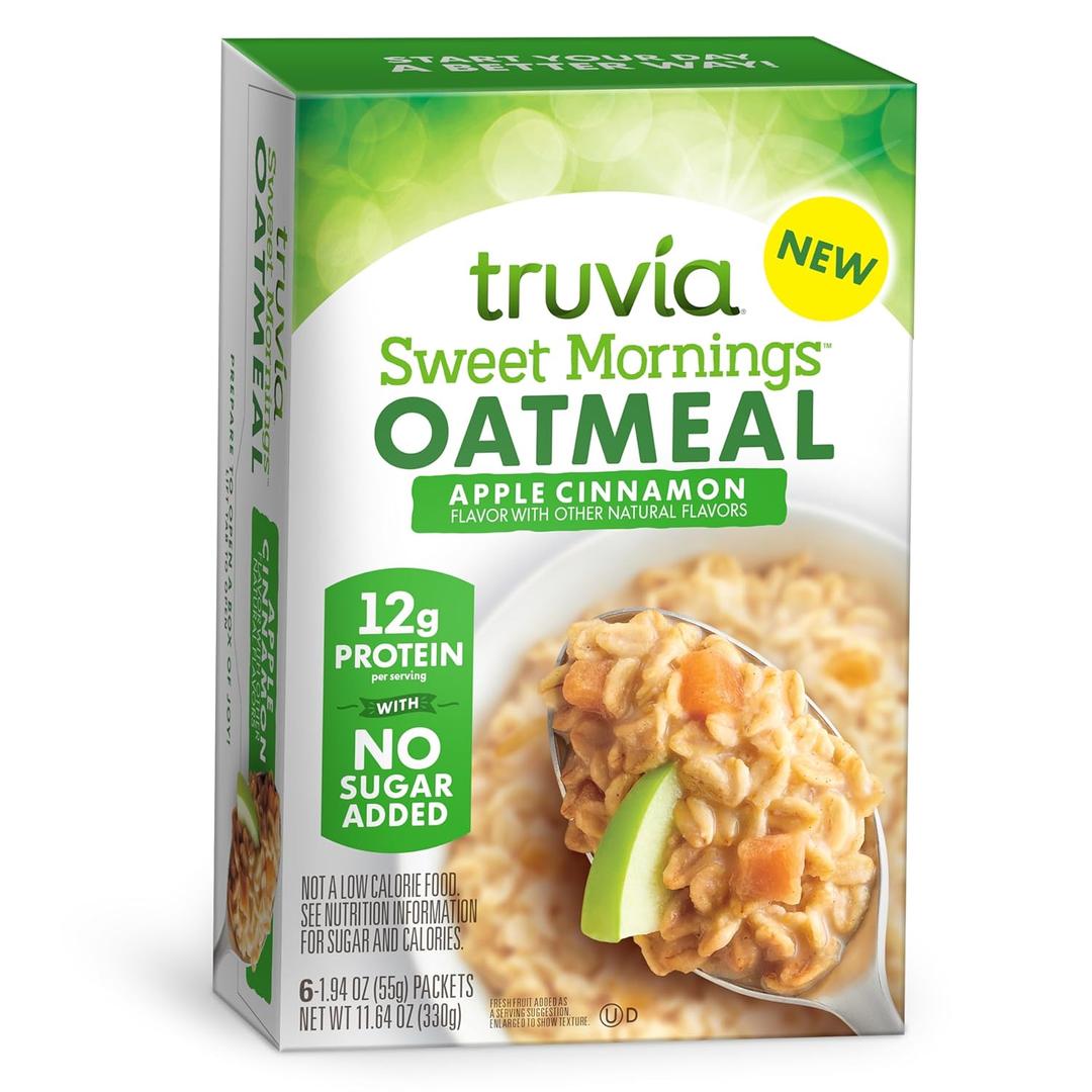 Truvia Sweet Mornings  Oatmeal, Apple Cinnamon Flavor, 12 G Protein, No Sugar Added (6 pouches) (Pack of 6)